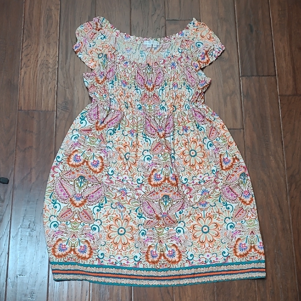 London Times Colorful Smocked Sundress with Ruffle Neckline size 14